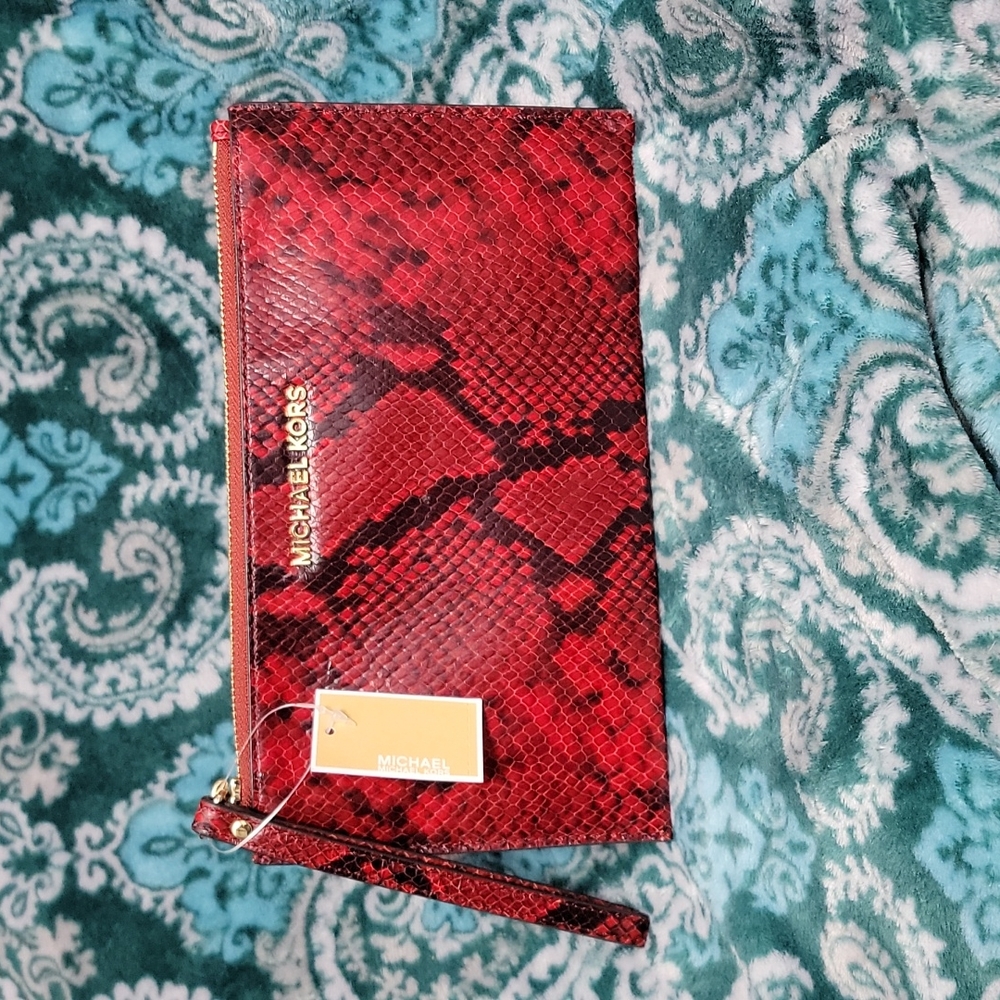 MICHAEL Michael Kors Red Snake Print Embossed Leather Zip Clutch